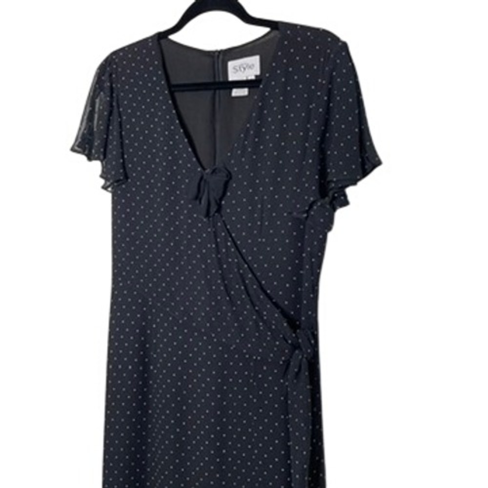 California Style‎ Midi Dress Women 12P Black Polka Dot Silk Flutter Sleeve Retro